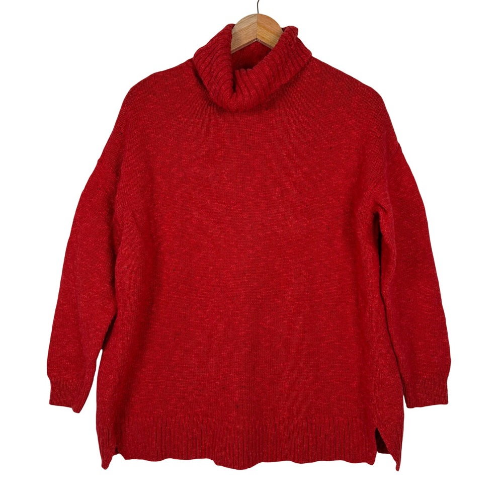 J. Jill Turtleneck Sweater Womens S Red Marled Knit‎ Oversized Vented Hem Cotton